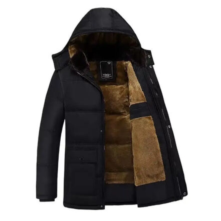 Parka fourrure homme effet matelassé avec capuche, de couleur noire, sur fond blanc