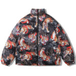 Parka reversible homme avec motifs style japonais, avec des tigres et dragons sur un fond noir