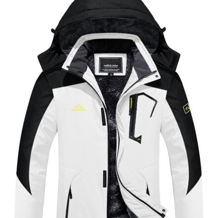 Parka ski femme coupe vent et imperméable, de couleur blanche et noire. Sur un fond blanc.