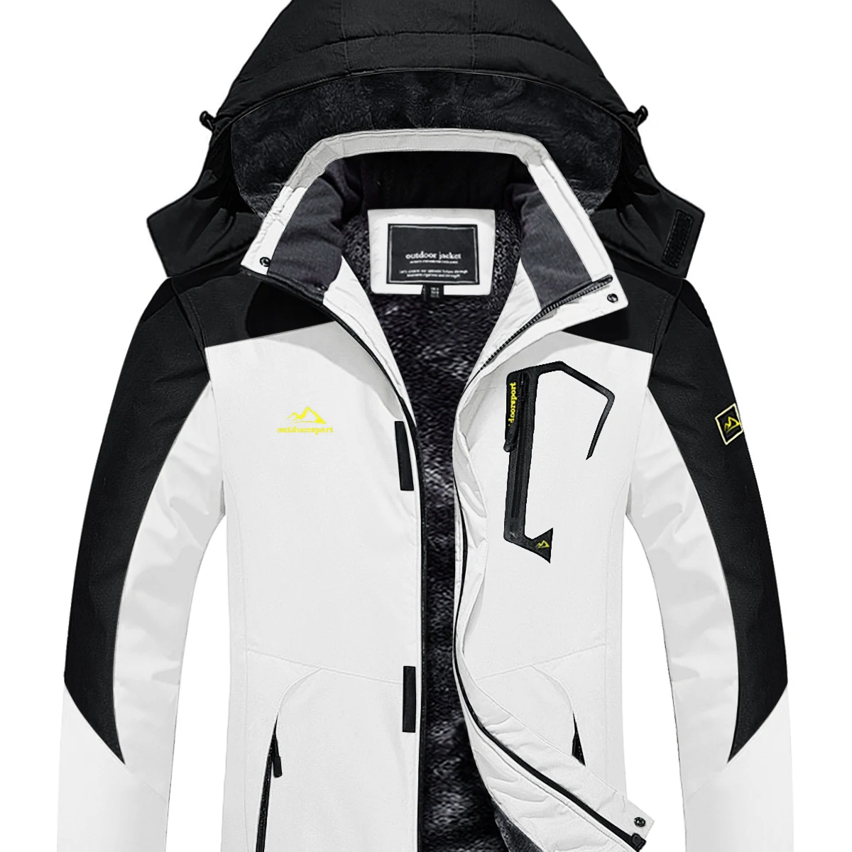 Parka ski femme coupe vent et imperméable, de couleur blanche et noire. Sur un fond blanc.