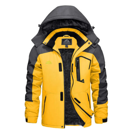 Parka hiver homme à capuche et imperméable, de couleur jaune et noire avec multi poche