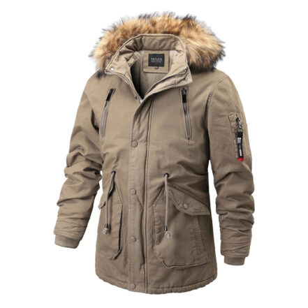 Parka hiver homme à capuche en fausse fourrure de couleur grise, avec multi poche