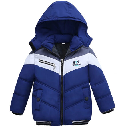 Parka garçon bleu avec bande blanche et capuche