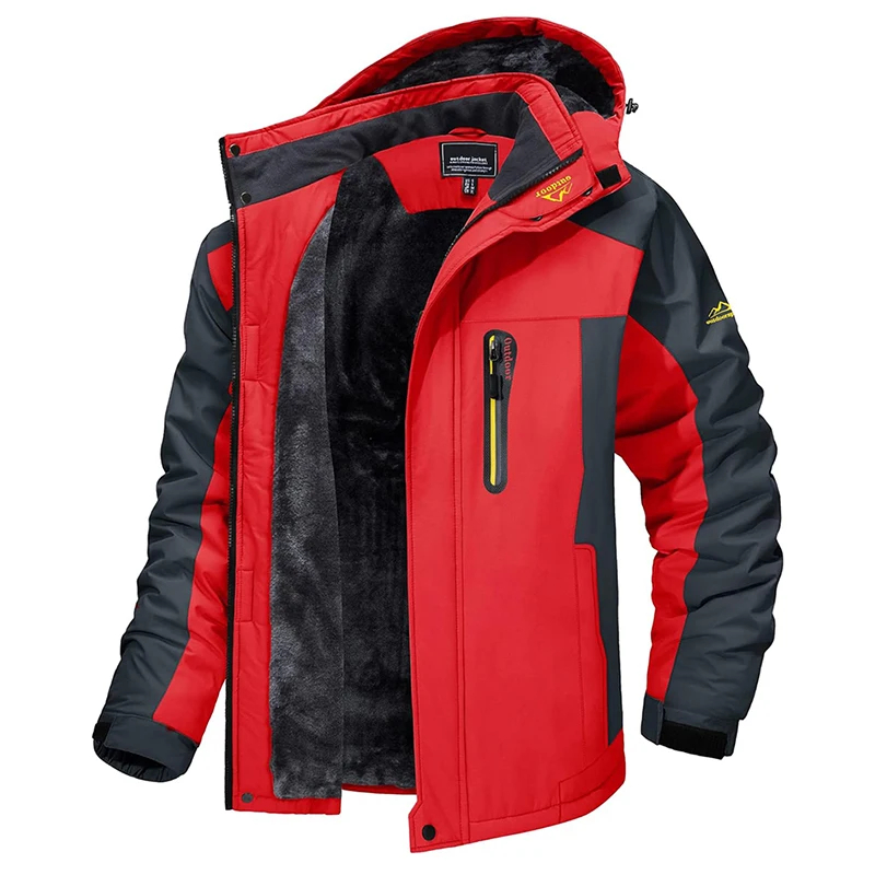0-95bd7a.jpeg Parka pluie homme imperméable avec intérieur polaire, extérieur de couleur rouge avec manches noires, et une capuche, et une fermeture à zipper centrale.