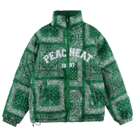 Parka reversible homme verte avec motifs imprimé "peacheat au centre de la parka", avec col haut