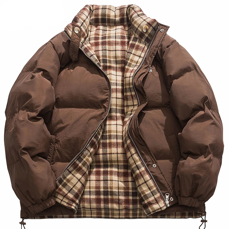 0-b73908.jpeg Parka reversible homme avec col haut, effet matelassé de couleur marron, avec intérieur à carreaux