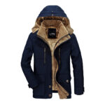 Parka homme chaude de couleur bleu marine avec intérieur polaire marron, et une capuche