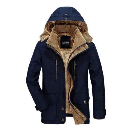 Parka homme chaude de couleur bleu marine avec intérieur polaire marron, et une capuche