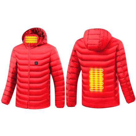 Parka chauffante homme à 2 zones de chauffage, de couleur rouge, avec la parka de devant et de derrière, effet matelassé