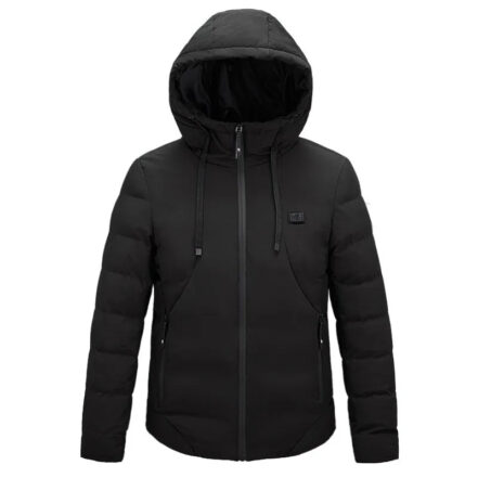 Parka chauffante femme noire avec onze zones de chauffage sur fond blanc