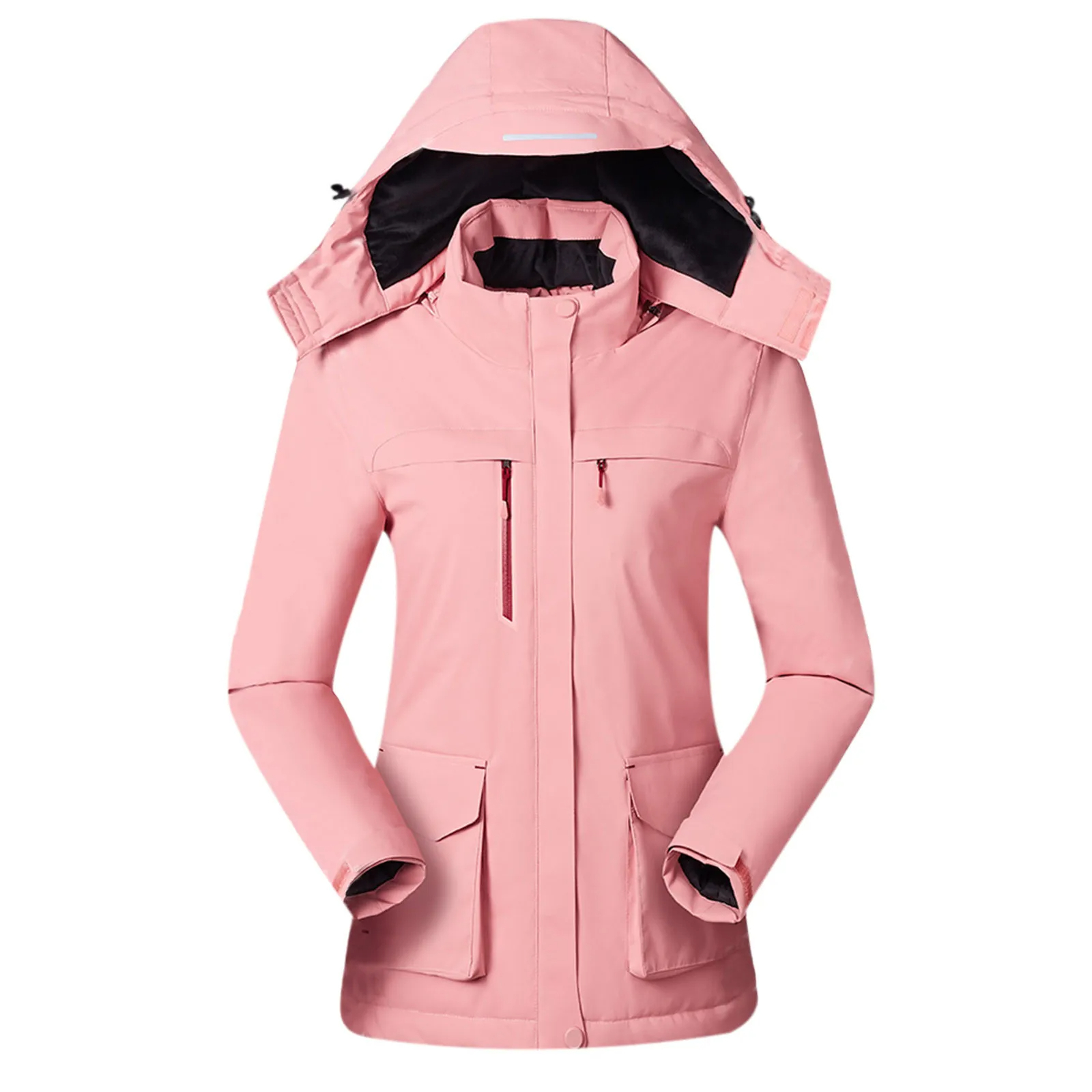 Parka chauffante femme rose avec quatre zones de chauffage sur fond blanc