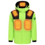 Parka chauffante homme à 7 zones de chauffage, de couleur vert fluo, avec capuche et zone de chauffage en jaune sur la parka