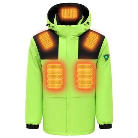 Parka chauffante homme à 7 zones de chauffage, de couleur vert fluo, avec capuche et zone de chauffage en jaune sur la parka