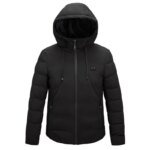 Parka chauffante homme avec capuche à 11 zones de chauffage, de couleur noire, sur fond blanc