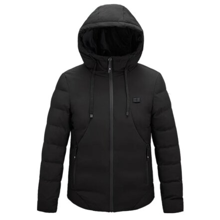 Parka chauffante homme avec capuche à 11 zones de chauffage, de couleur noire, sur fond blanc