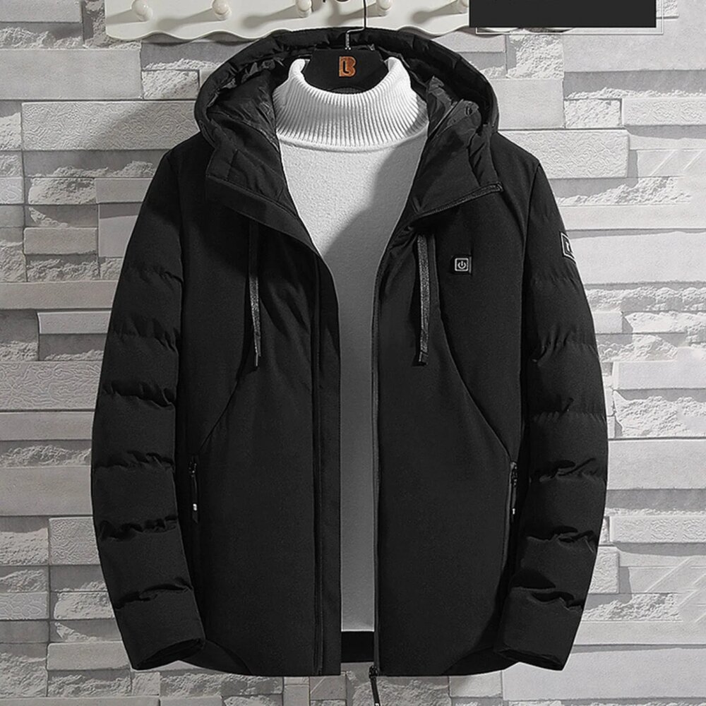 Parka chauffante homme épaisse avec capuche, de couleur noire, avec interrupteur pour la chaleur sur le torse, positionné sur un cintre
