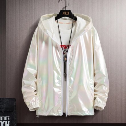 Parka ciré femme blanche effet métallisé, avec capuche et fermeture éclair.