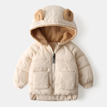 Parka enfant beige avec capuche à oreilles, avec une fermeture éclair.