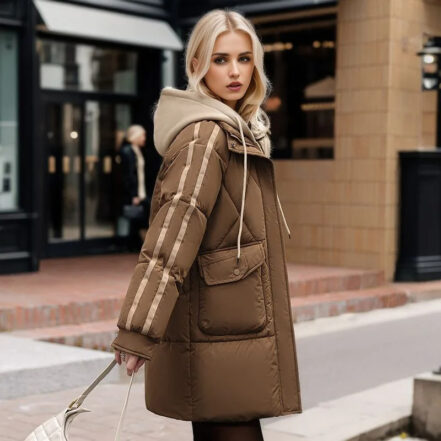 Parka femme chaude et épaisse en coton avec capuche sur une femme blonde dans la rue