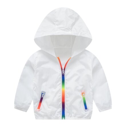 Parka fille blanche avec capuche et fermeture éclair arc-en-ciel
