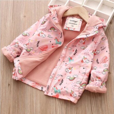 Parka fille rose motif licorne et arc en ciel à capuche