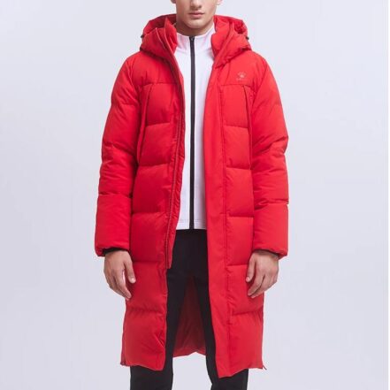 Parka foot homme longue et avec capuche rouge sur fond gris