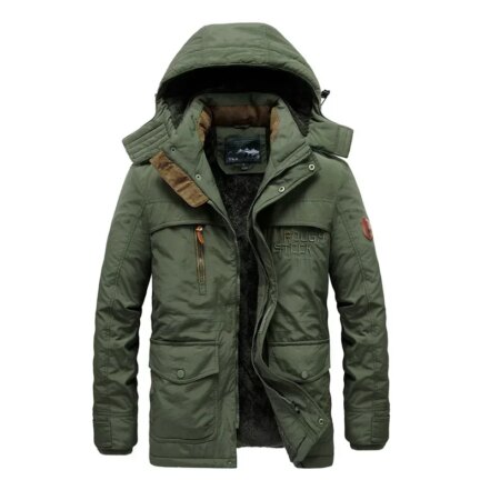 Parka fourrée homme avec capuche en fausse fourrure et multipoche, de couleur vert