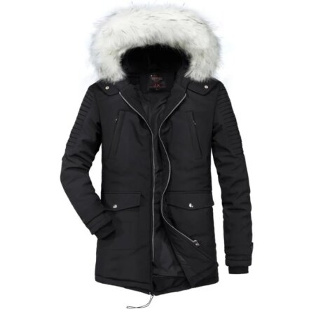 Parka fourrure homme avec capuche noire, avec fausse fourrure blanche sur la capuche