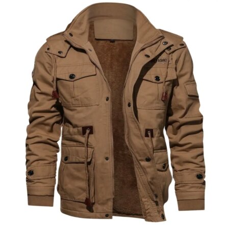 Parka fourrure homme avec capuche style cargo beige, multi poche