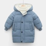 Parka garçon bleu mi-longue intérieur beige et capuche