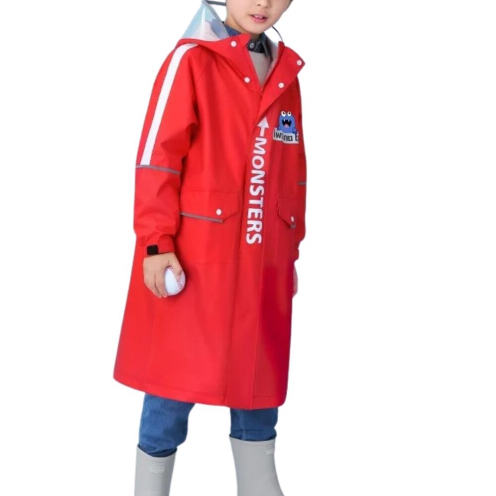 Parka garçon rouge anti-pluie mi-longue avec capuche Parka garçon rouge anti-pluie mi-longue avec capuche