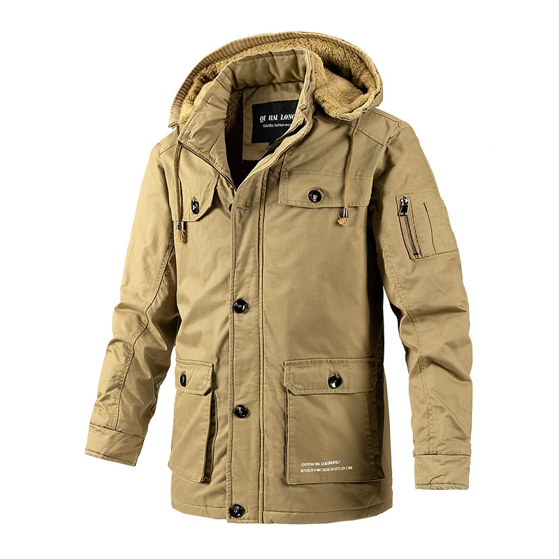 Parka hiver homme à capuche beige avec intérieur polaire Parka hiver homme à capuche beige avec intérieur polaire, une fermeture à boutonnage simple et multi poche