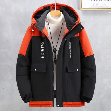 Parka hiver homme coupe vent bicolore avec capuche, de couleur orange et noire