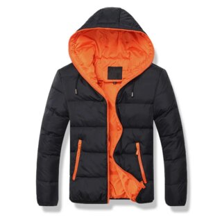 Parka hiver homme de style matelassée avec capuche, de couleur noire, avec intérieur de couleur orange
