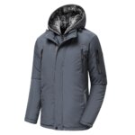 Parka imperméable homme longue et épaisse avec capuche, de couleur grise, multi poche