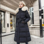 Parka longue femme en duvet de coton avec col en fourrure sur une femme sur fond d'une rue