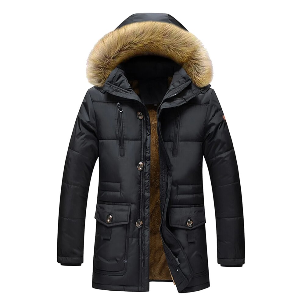 Parka matelassée homme avec capuche en fausse fourrure Parka matelassée homme avec capuche en fausse fourrure, de couleur noire avce multi poche