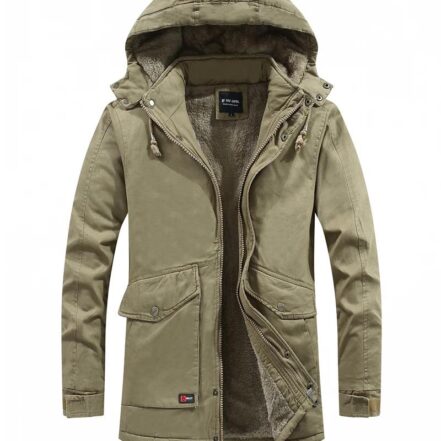 Parka militaire homme avec capuche et coupe vent, de couleur kaki