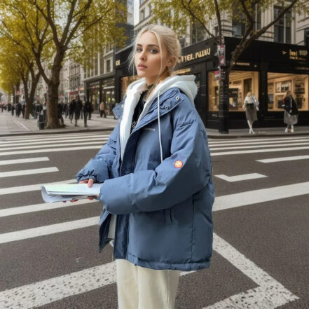 Parka oversize femme courte et rembourrée avec capuche sur une femme dans la rue