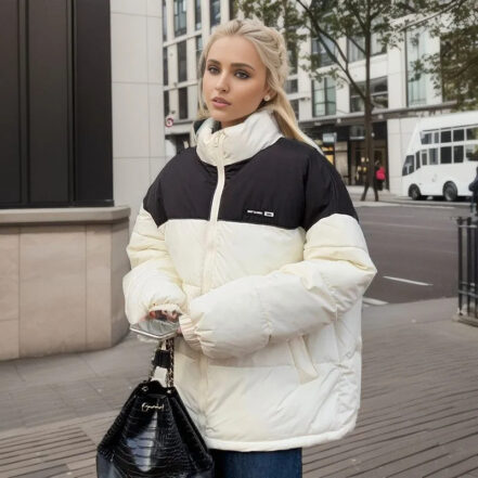 Parka oversize femme rembourrée de style coupe-vent sur une femme dans la rue
