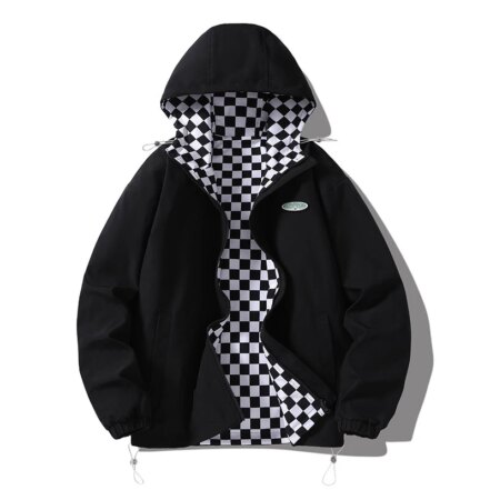 Parka reversible femme noir à carreaux avec capuche