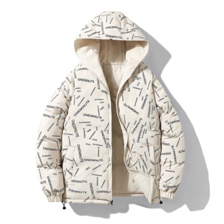 Parka reversible homme avec motifs "oneminute" sur l'ensemble de la parka et capuche, de couleur beige