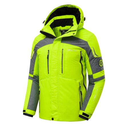 Parka ski homme multi poche avec capuche, verte fluo, sur fond blanc
