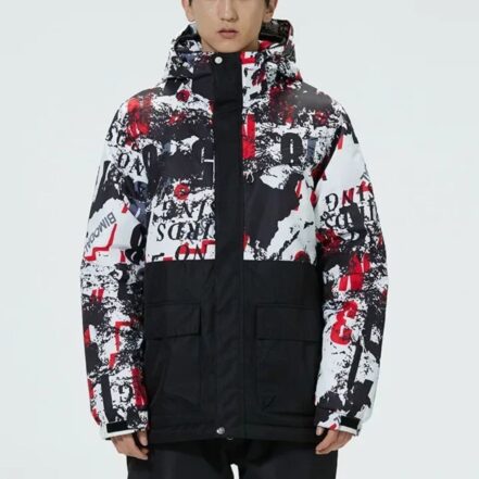 Parka ski imperméable au design moderne abstrait sur un homme sur fond gris