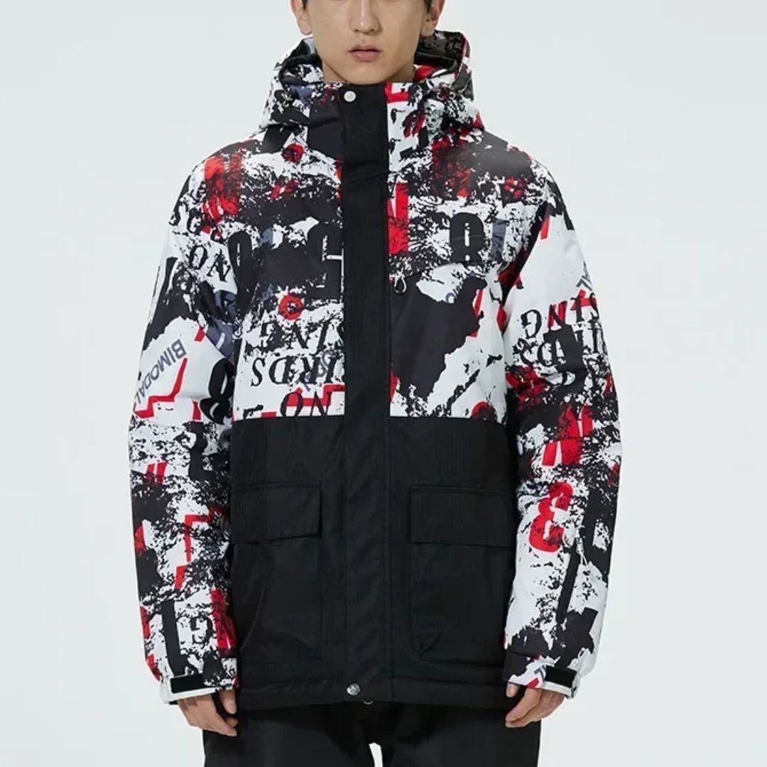 Parka ski imperméable au design moderne abstrait sur un homme sur fond gris