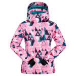 Parka ski moderne pour femme avec motifs triangulaires sur fond blanc