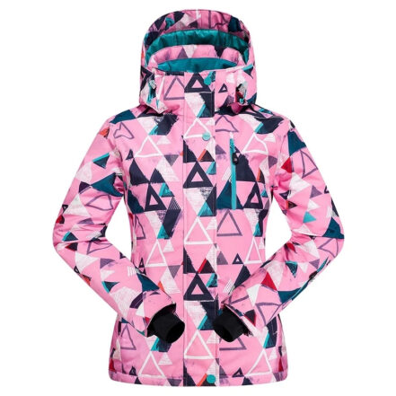 Parka ski moderne pour femme avec motifs triangulaires sur fond blanc
