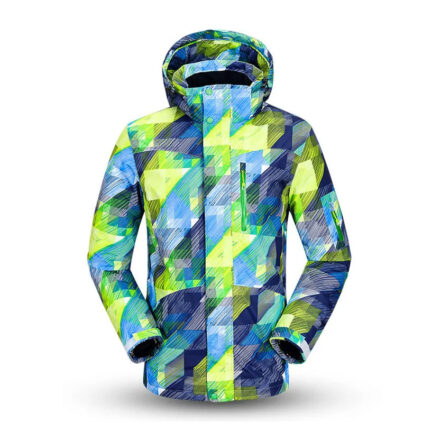 Parka ski originale avec motifs géométriques sur fond blanc