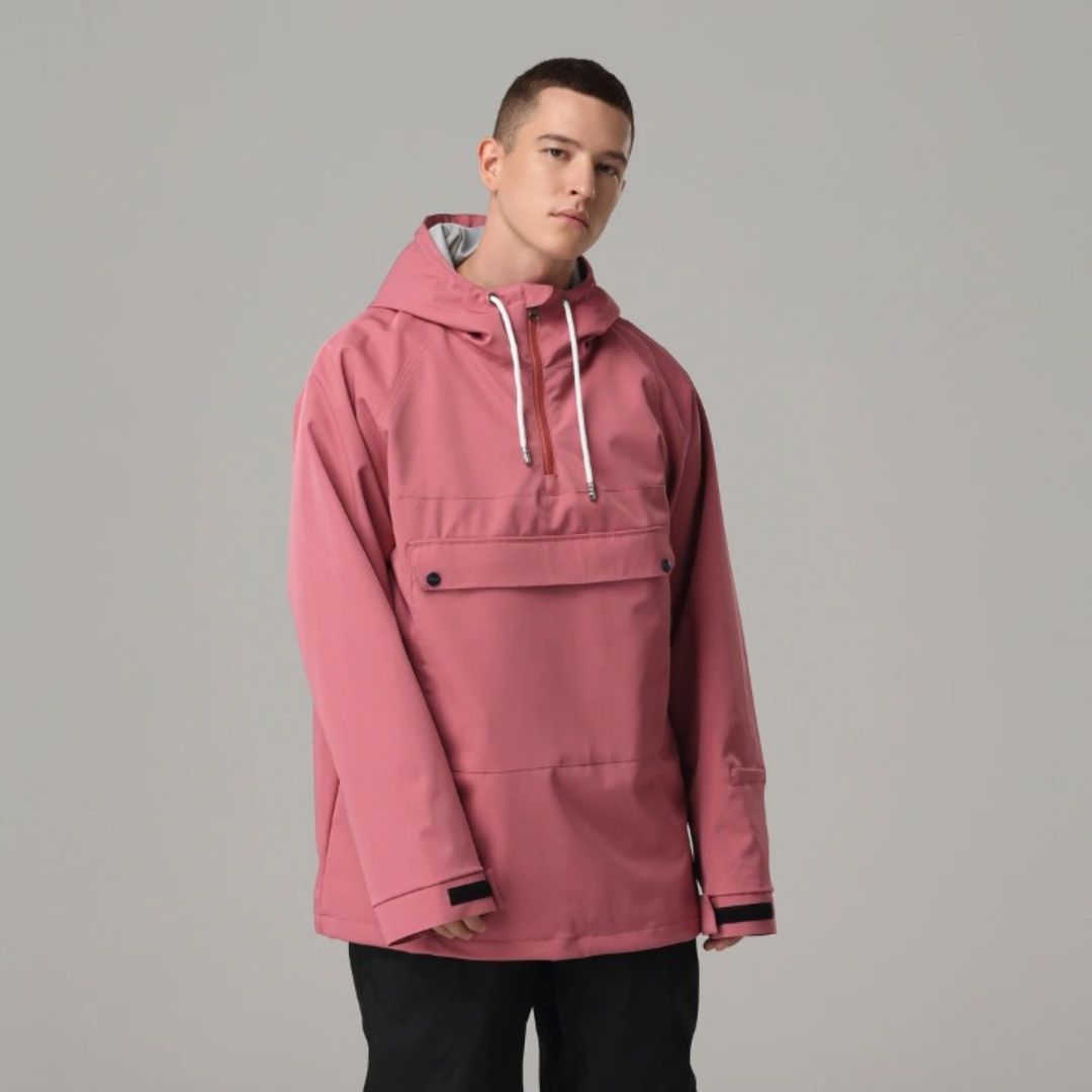 Parka ski rose et coupe-vent pour homme sur un homme sur fond gris